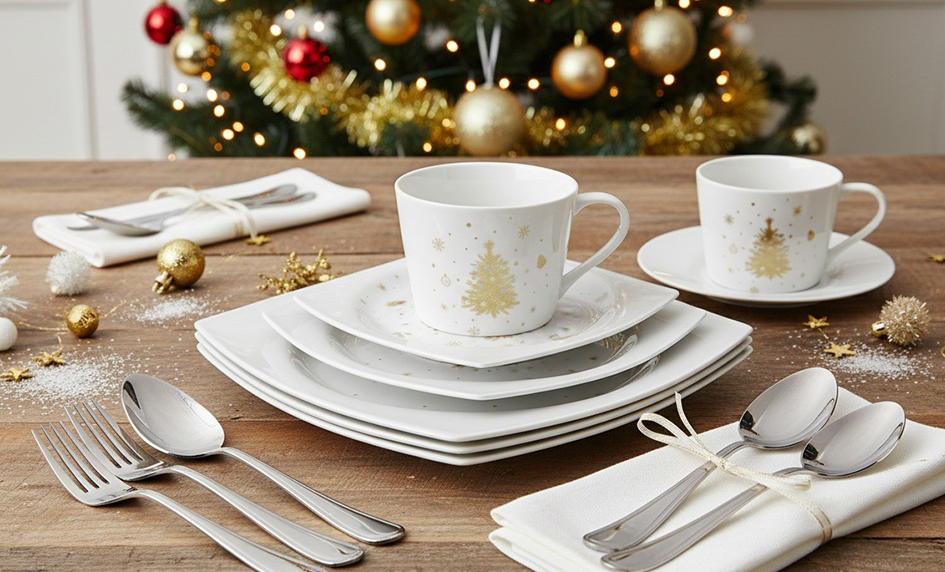 Vánoční porcelánová kolekce Zlatá Koleda 2025 s talíři, hrnky a příbory u nazdobeného stromku.