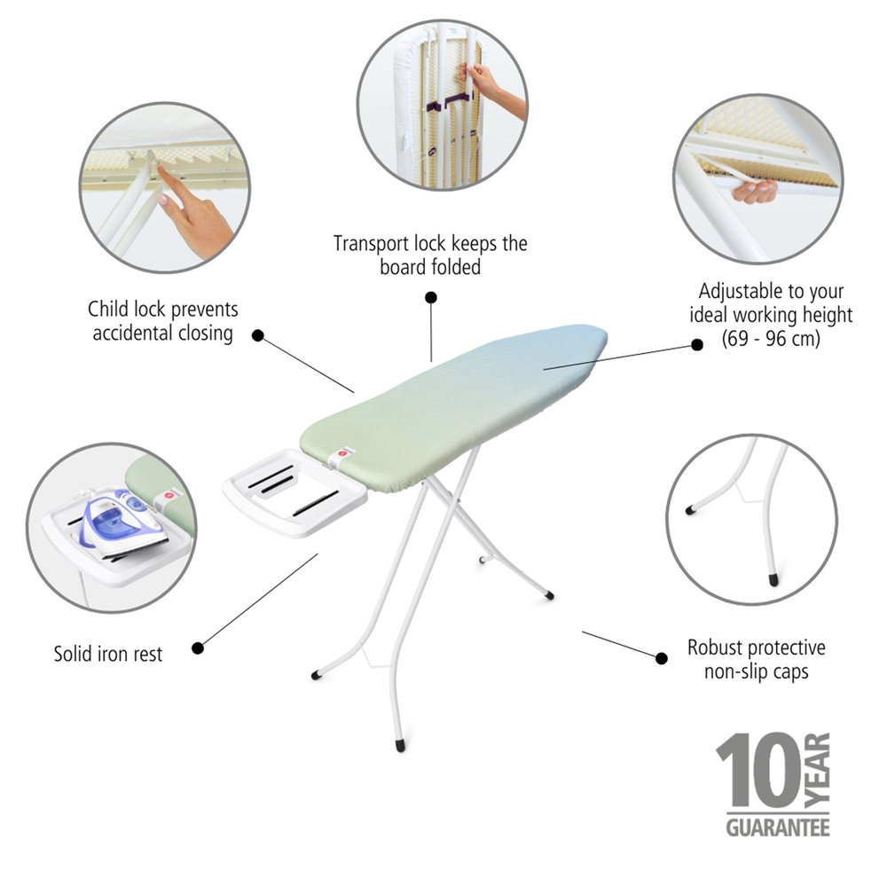 Brabantia žehlicí prkno B, 124x38 cm, pevná napařovací podložka na žehličku, Soothing Sea