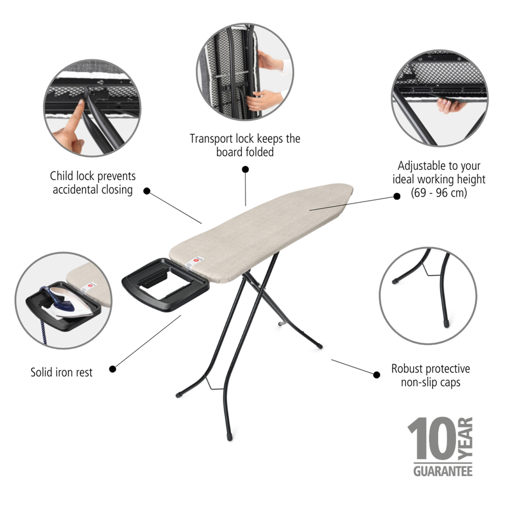 Brabantia žehlicí prkno B 124x38 cm, černý rám, pevná odkládací plocha, Denim Grey
