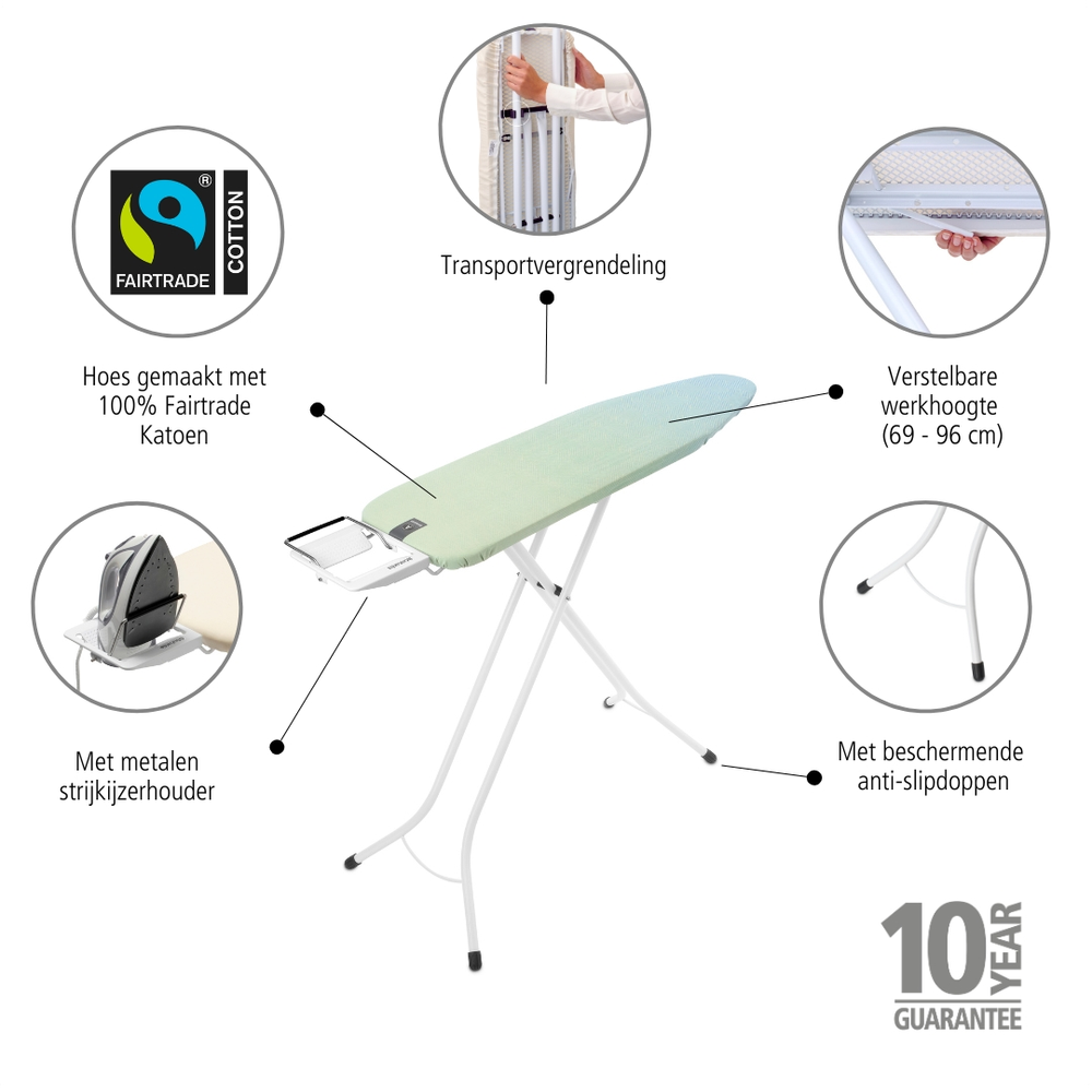 Brabantia žehlicí prkno A, 110x30cm, odkládací plocha pro žehličky, bílý rám 22mm, Soothing Sea
