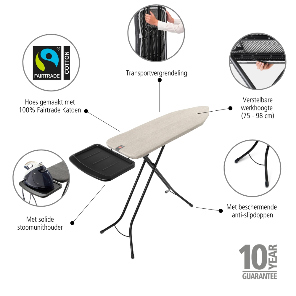 Brabantia žehlicí prkno B, 124x38cm, Pevný držák pro parní jednotku, černý rám 25mm, Denim Grey